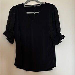 Adrianna Papell black sheer sleeve blouse V-neck puffed sleeve size M new w/tags